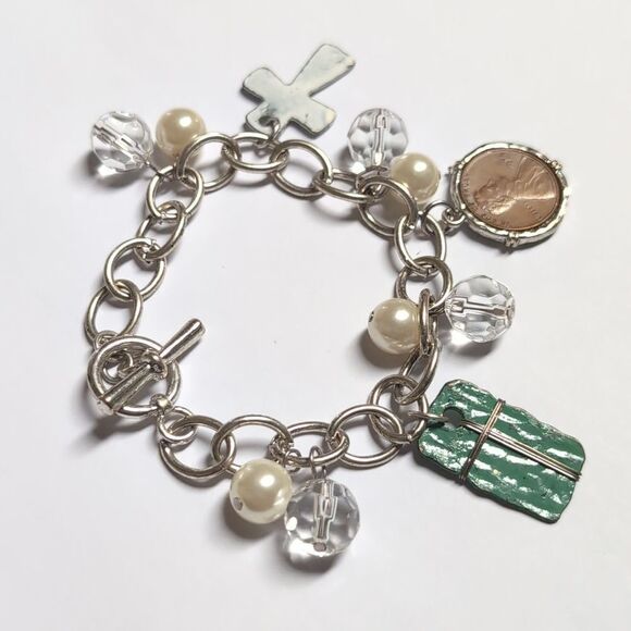 205 Silver Chain Silver Cross Charm and 1974 Penny Inlayed Tennis Bracelet - Picture 3 of 6